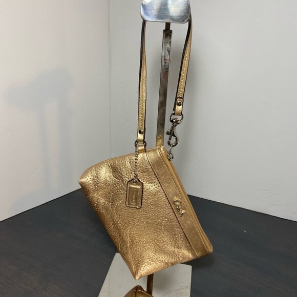 Coach Metallic Gold Leather Wristlet – Perforated Design – Silver Hardware - Picture 2 of 10